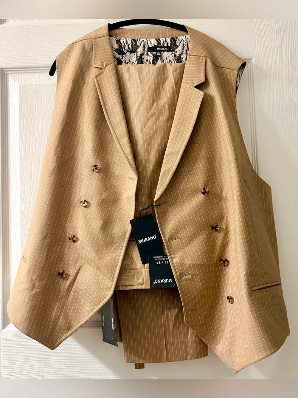 Murano Men's Camel Pinstripe 2 piece Suit Set- size 3B-vest & 44x34 pants- NWT